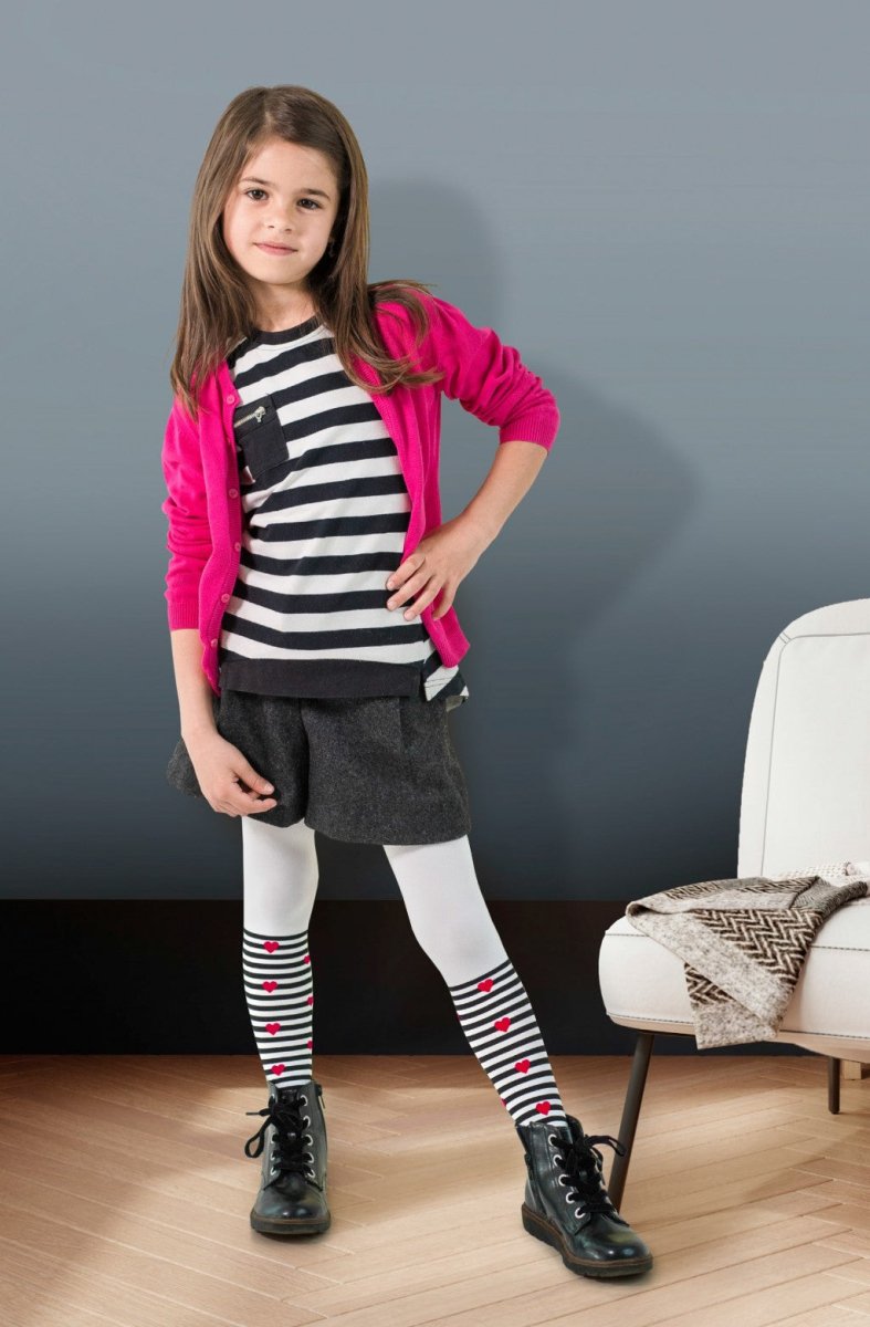 KNITTEX Camila Girls’ Tights – Playful Stripes & Hearts Design - Velvet Touch Tights