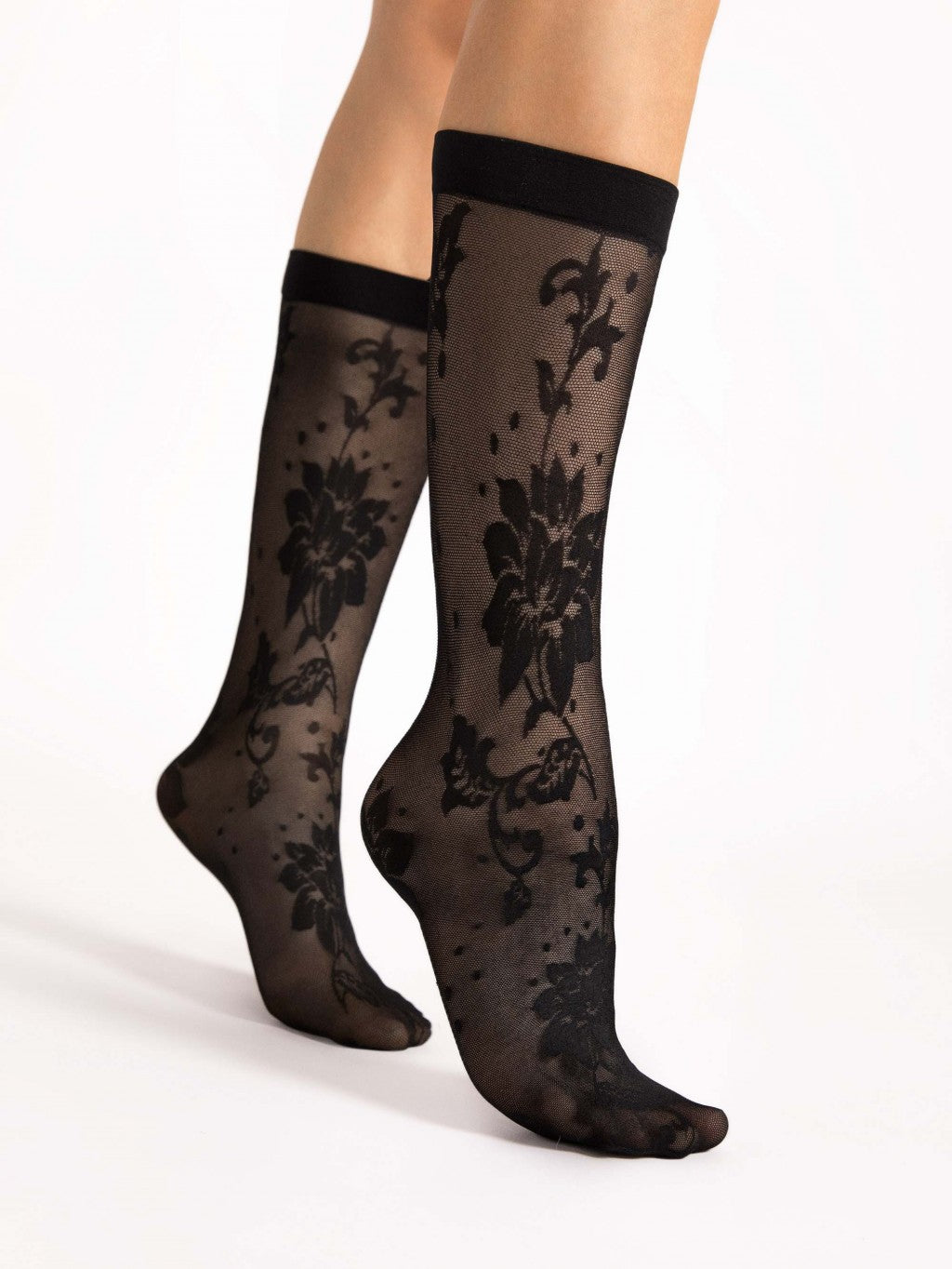 Fiore Shari 30 Den – Microfibre High Socks with Floral Lace Motif