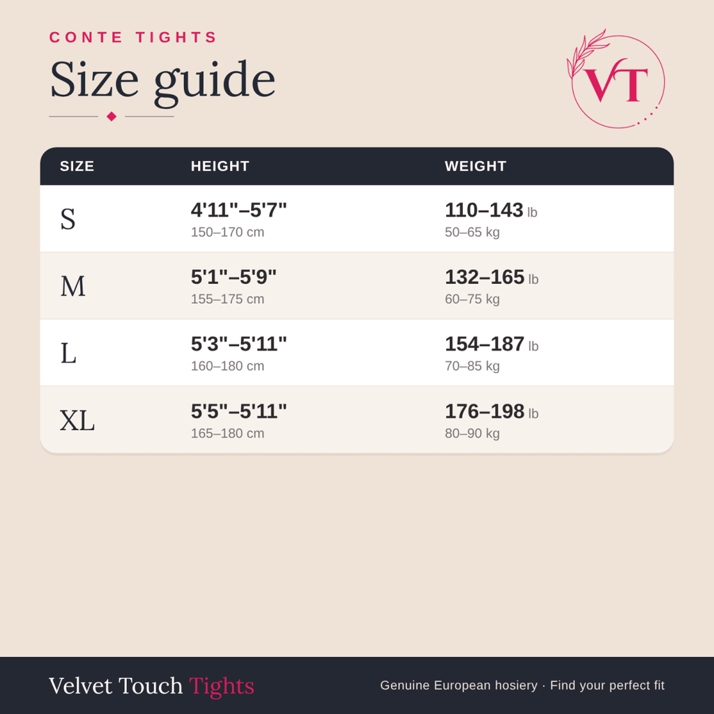 Conte tights size guide – Velvet Touch Tights