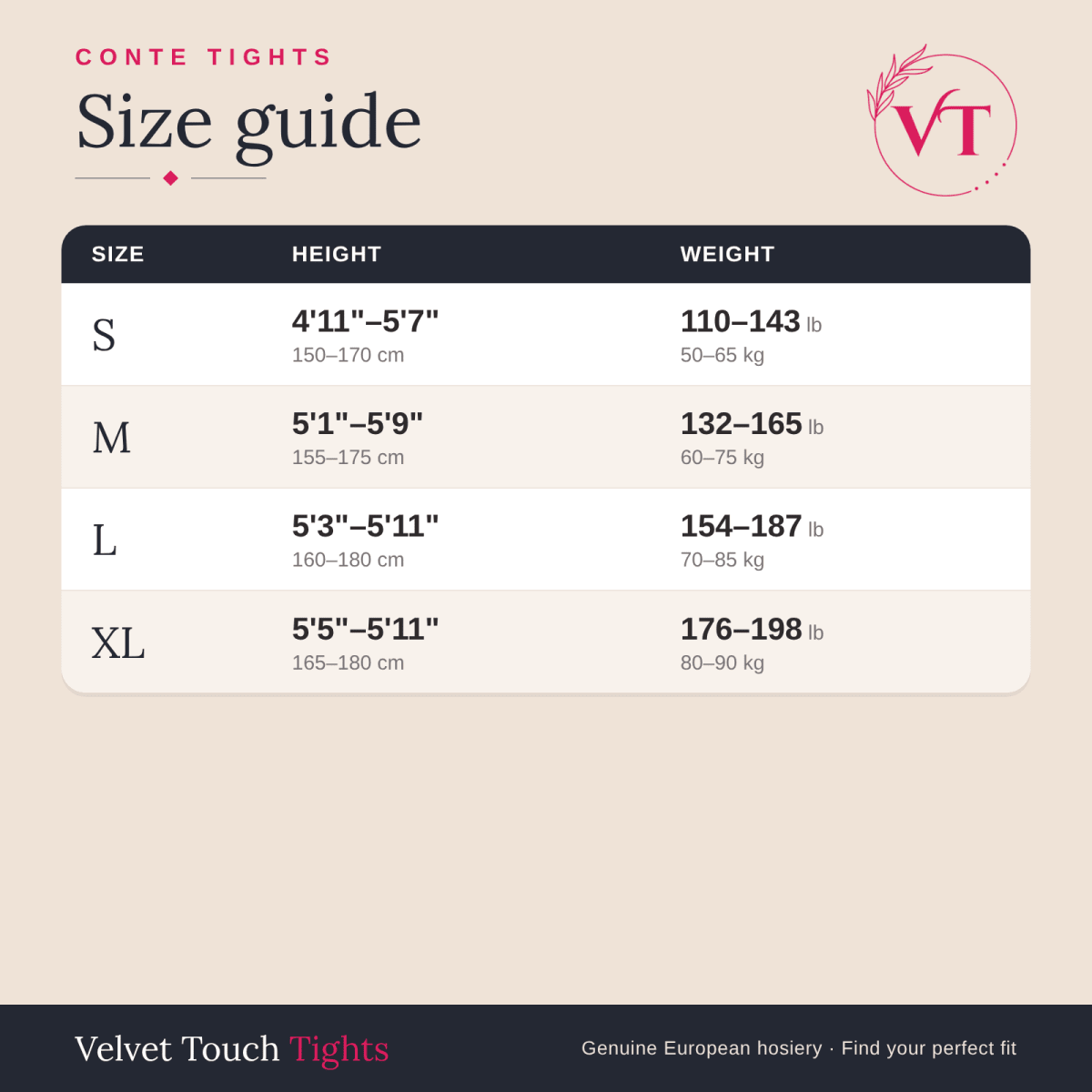 Conte tights size guide – Velvet Touch Tights