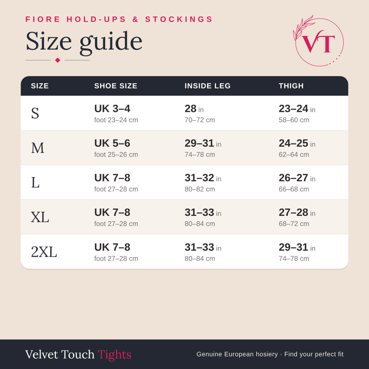 Fiore hold-ups & stockings size guide – Velvet Touch Tights