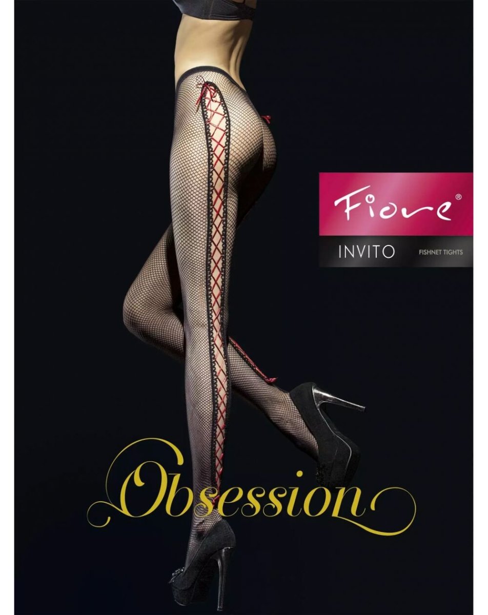 Fiore Invito 40 Den – Sensual Fishnet Tights with Red Ribbon Accent - Velvet Touch Tights