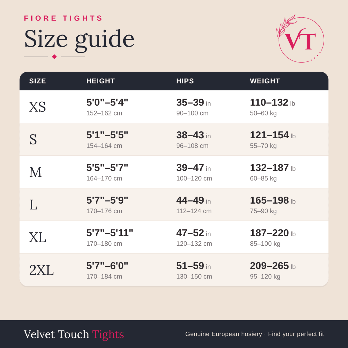 Fiore tights size guide – Velvet Touch Tights