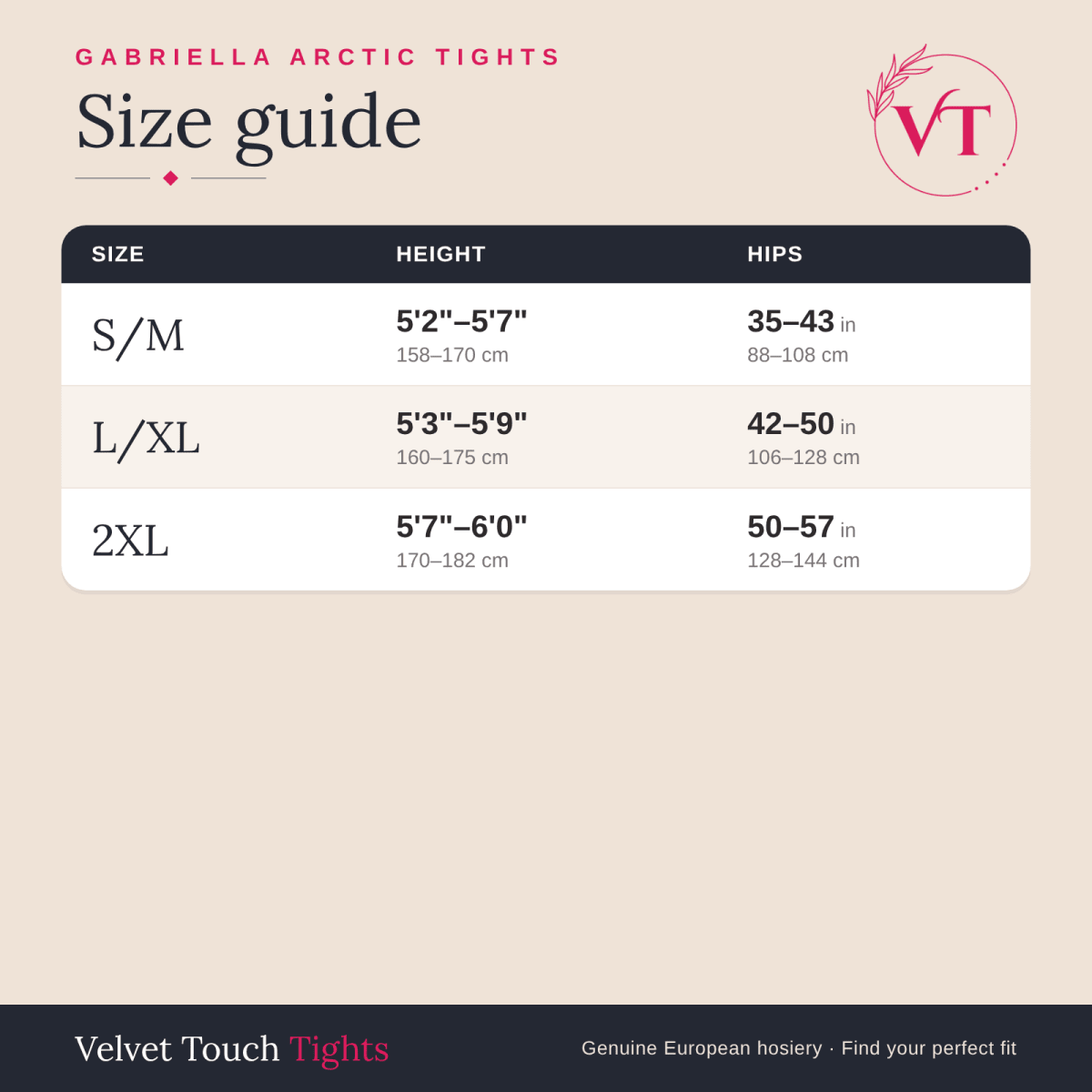 Gabriella Arctic tights size guide – Velvet Touch Tights