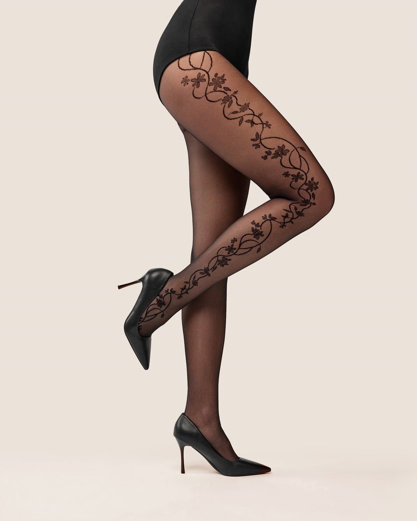 Gabriella Flora 20 Den Patterned Tights – Elegant Side Floral Motif - Velvet Touch Tights