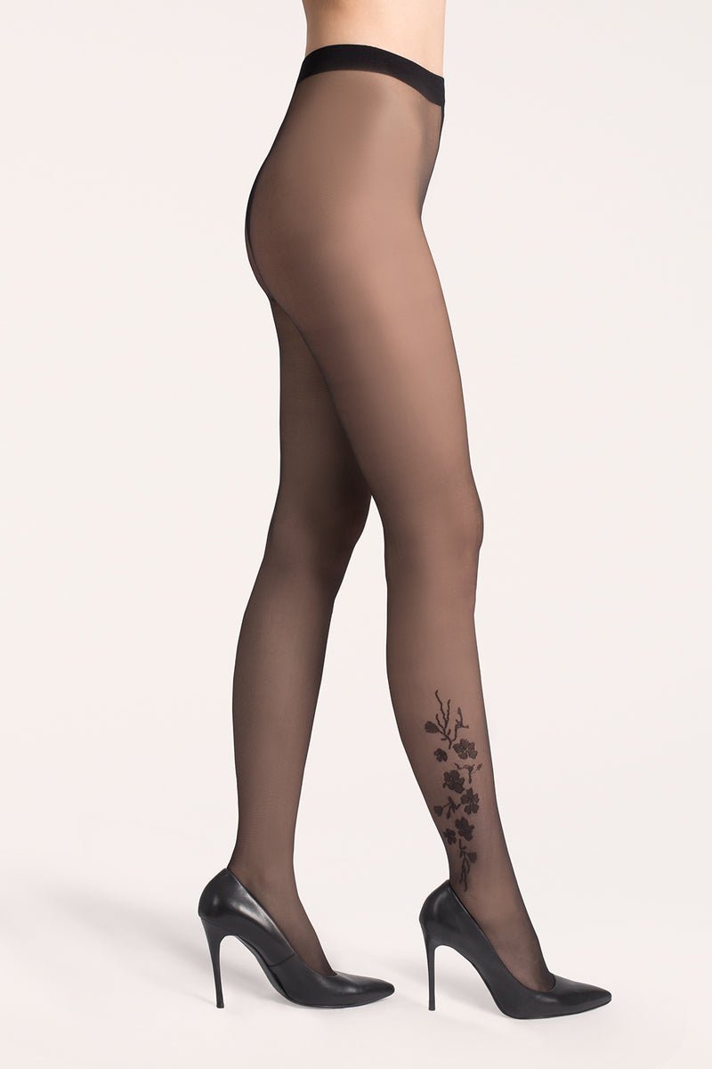 Gabriella Jasmine 20 Den Tights – Sheer Floral Pattern on Calf - Velvet Touch Tights