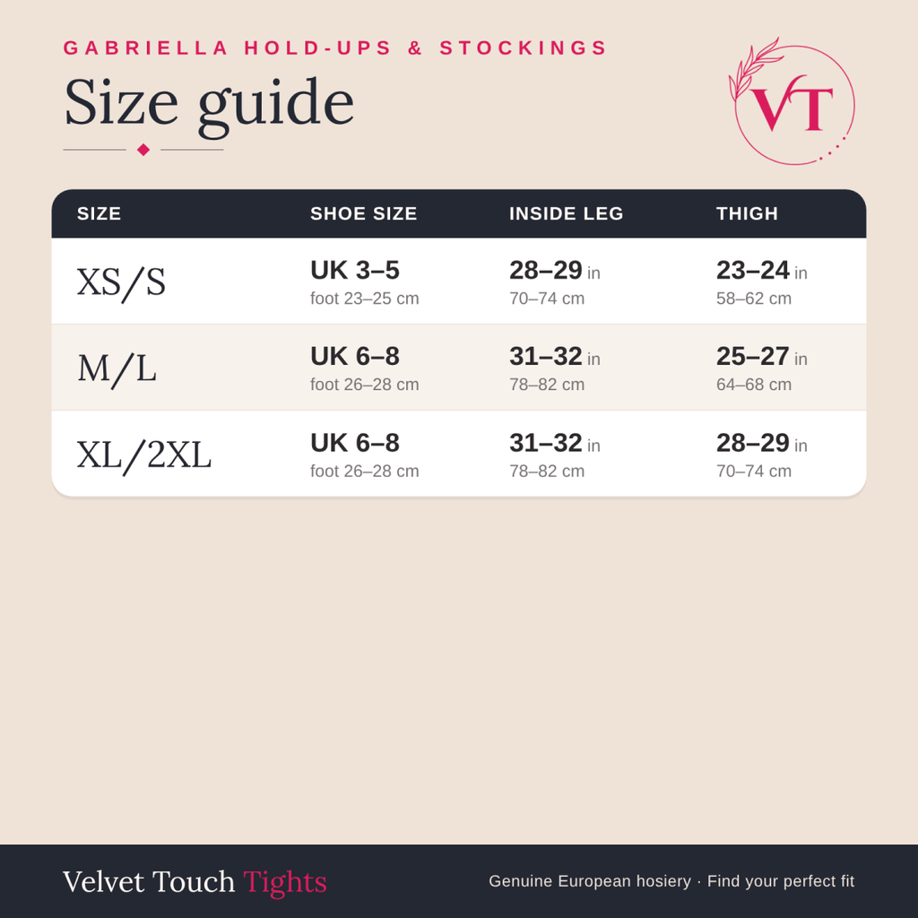 Gabriella hold-ups & stockings size guide – Velvet Touch Tights