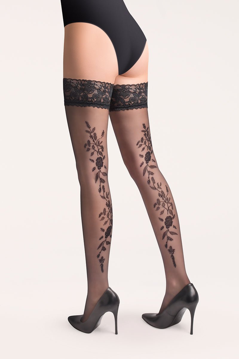 Gabriella Vera 20 Den Hold‑Up Stockings – Floral Back Pattern & Lace - Velvet Touch Tights
