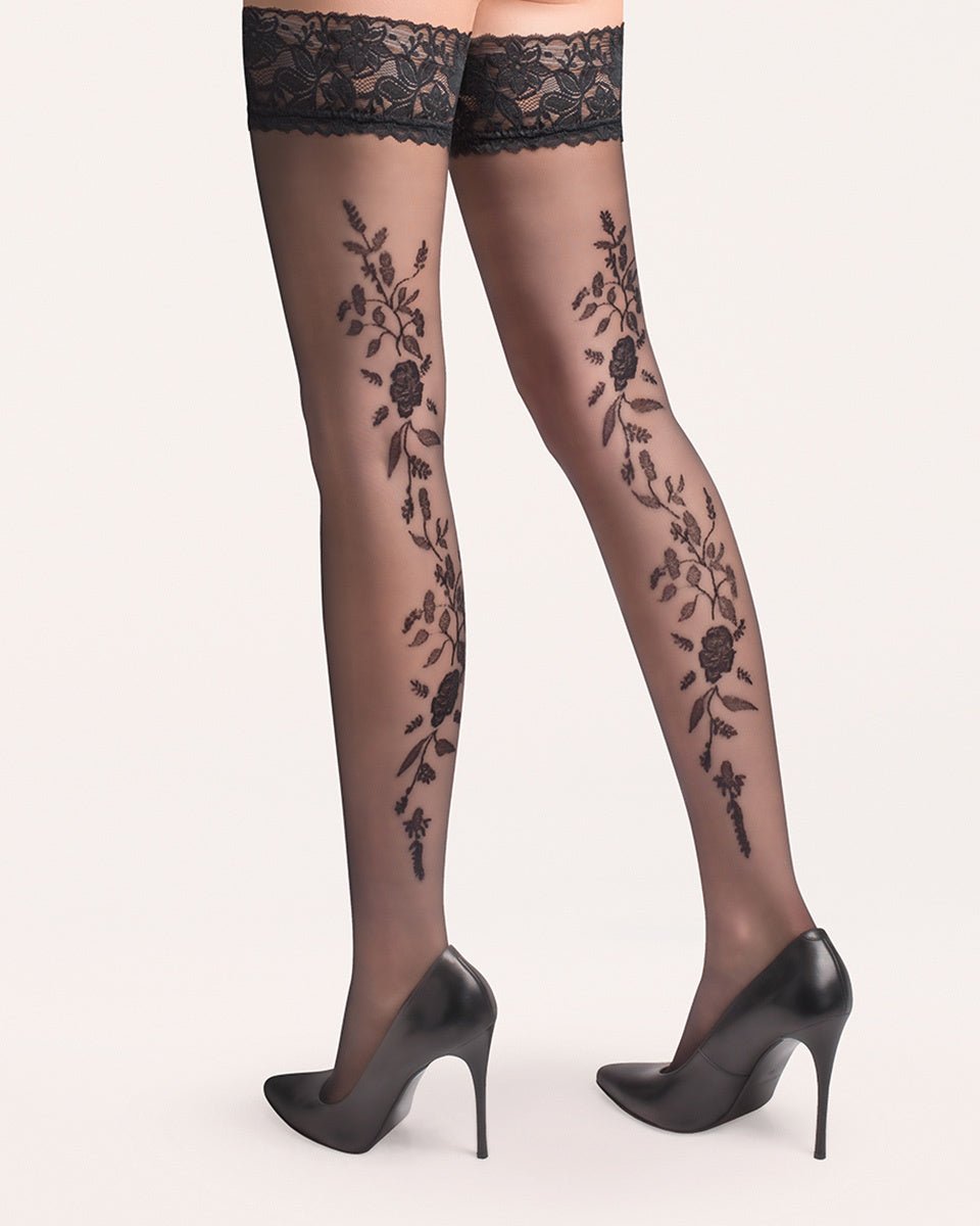 Gabriella Vera 20 Den Hold‑Up Stockings – Floral Back Pattern & Lace - Velvet Touch Tights
