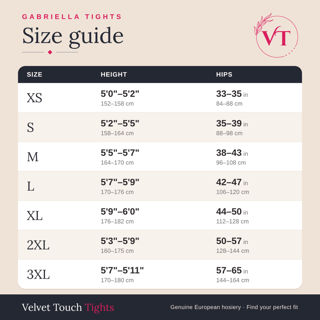 Gabriella tights size guide – Velvet Touch Tights