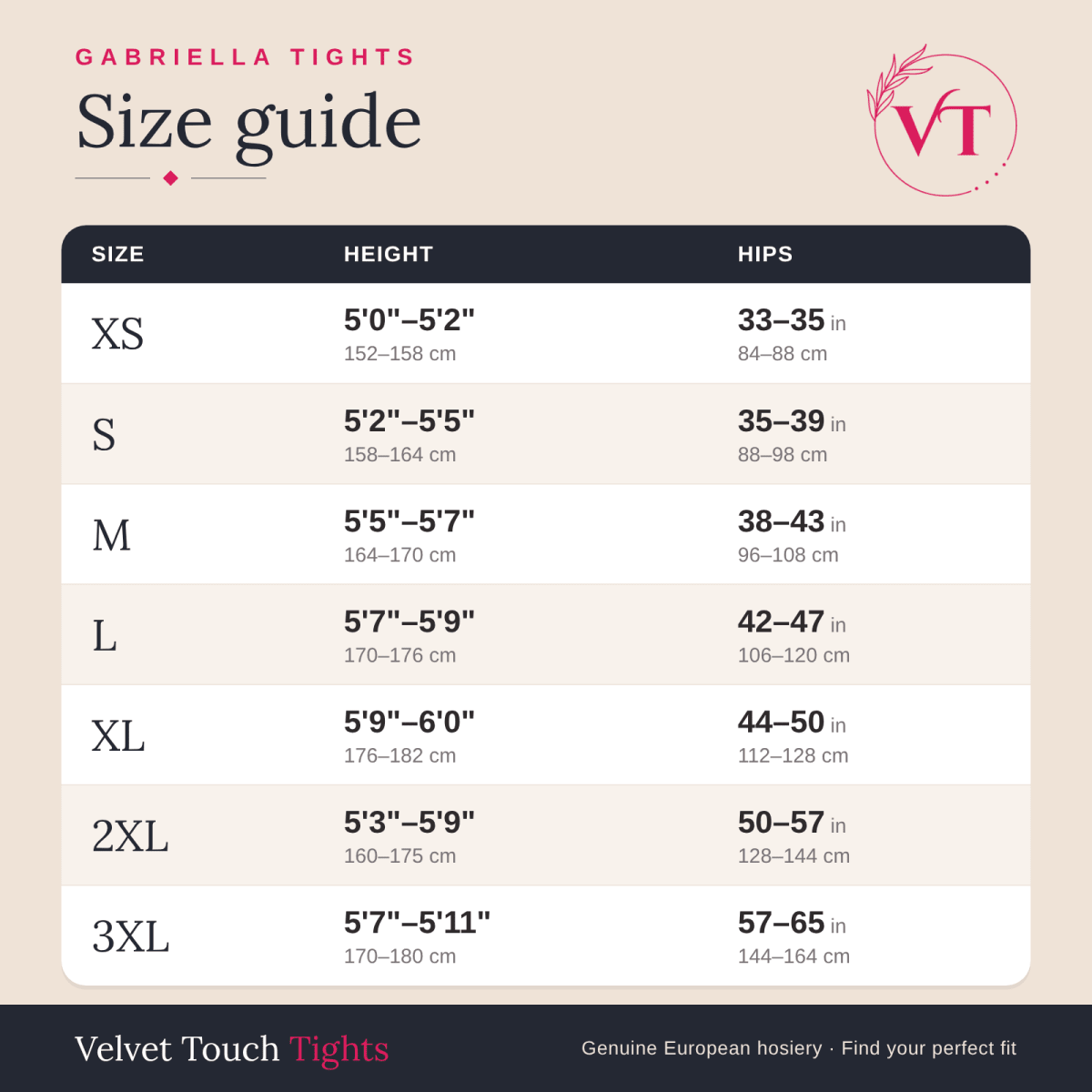 Gabriella tights size guide – Velvet Touch Tights