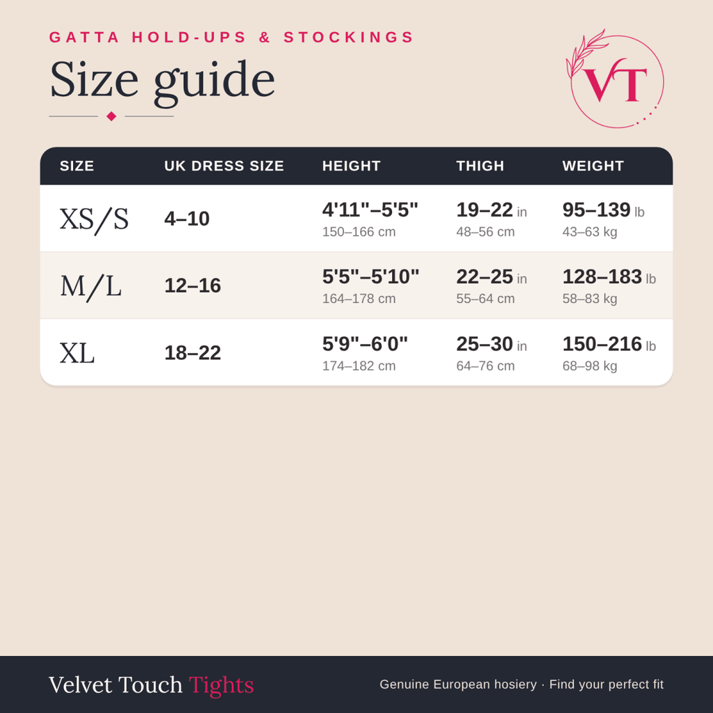 Gatta hold-ups & stockings size guide – Velvet Touch Tights