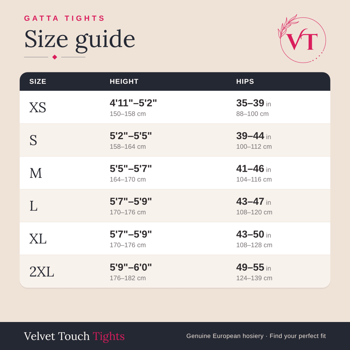 Gatta tights size guide – Velvet Touch Tights