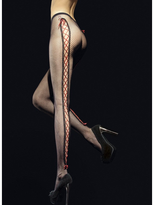 Fiore Invito 40 Den – Sensual Fishnet Tights with Red Ribbon Accent