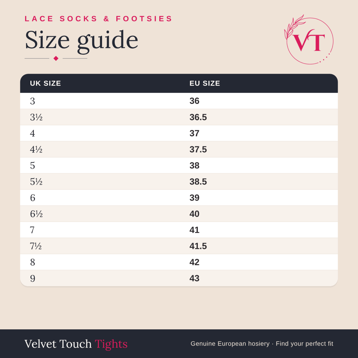 Lace socks & footsies size guide – Velvet Touch Tights